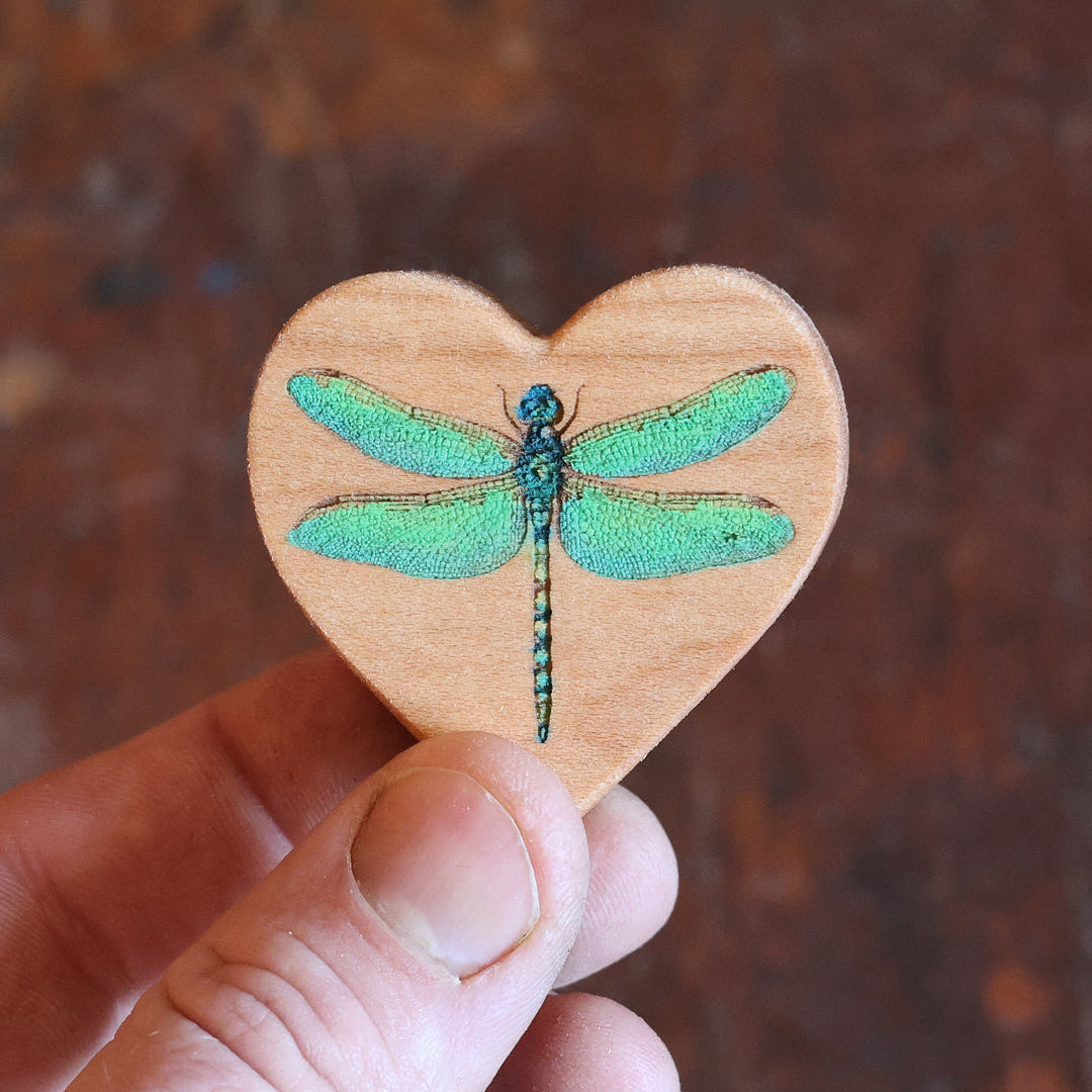A hand holding a small heart-shaped wooden plaque featuring a painted green dragonfly, set against a dark brown textured background.