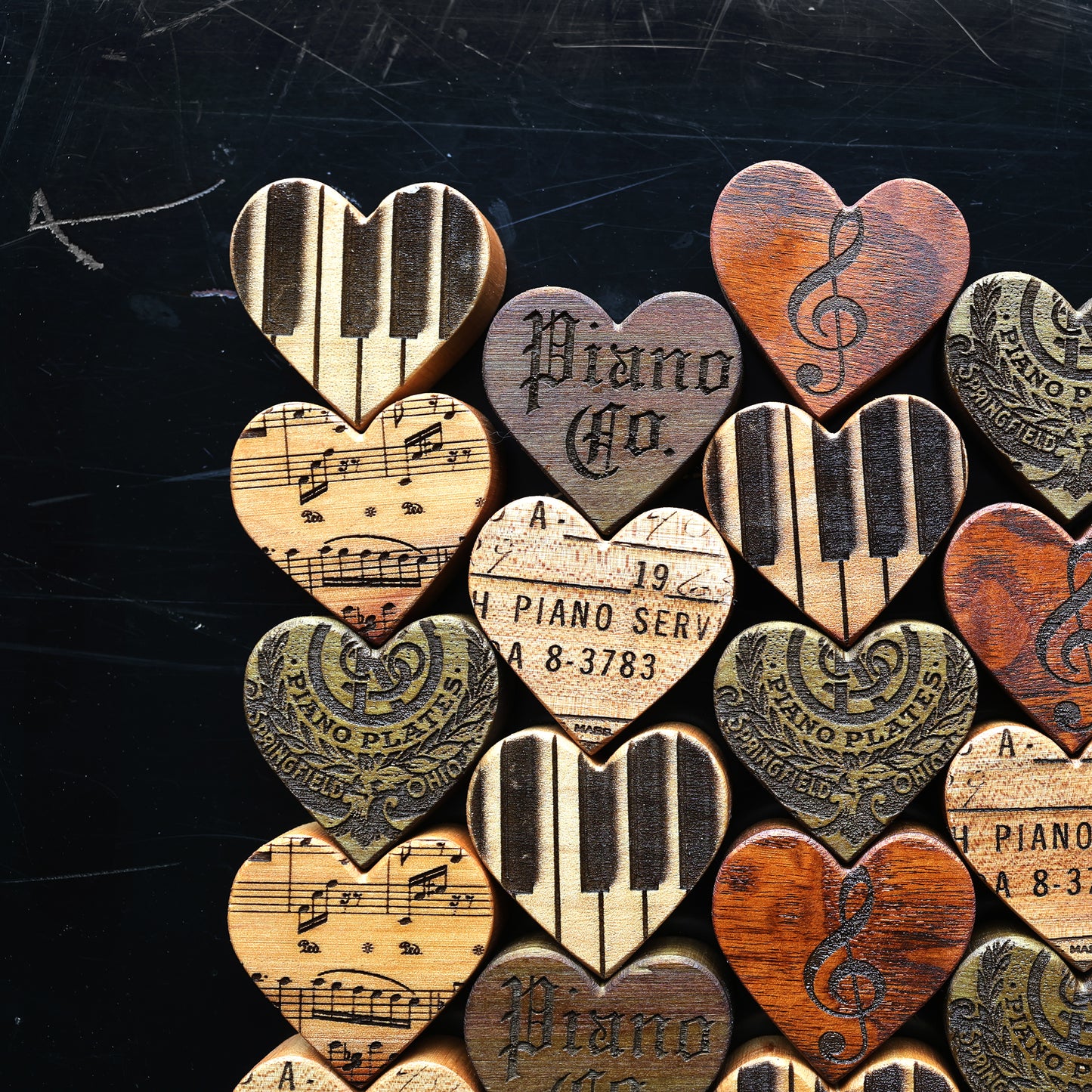 Engraved Piano Wood Hearts