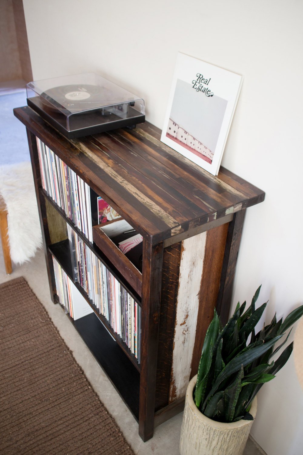turntable LP stand handmade with reclaimed wood